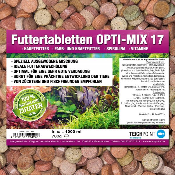 Teichpoint 1000 ml (700g) Premium TOP Futtertabletten Opti-Mix 17, Tablettenfutter Mix für Aquarium Zierfische Tabletten